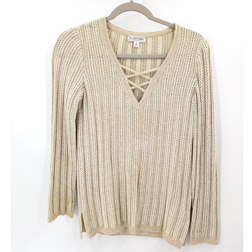 St John Sport Knit Sweater Top P Beige Lace Up V-Neck Open Knit‎ Long Sleeve